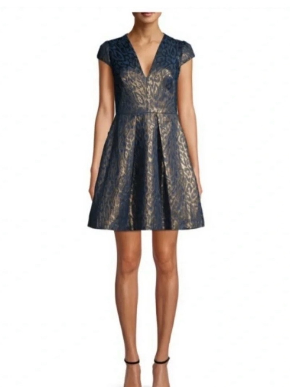 Vince Camuto Navy and Gold V-Neck Fit-and-Flare Dress